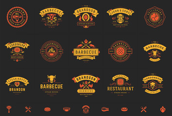 Grill and barbecue logos set vector illustration steak house or restaurant menu badges with bbq food silhouettes