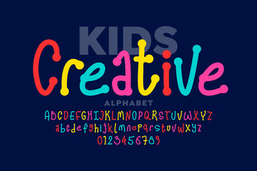 Hand drawn style kids font, creative alphabet letters and numbers vector illustration