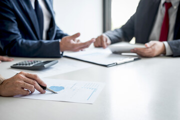 Business team meeting present, Secretary presentation new idea and making report to professional investor with new finance project plan during discussion at meeting