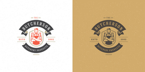 Butcher shop logo vector illustration chef holding knifes silhouette good for farmer or restaurant badge
