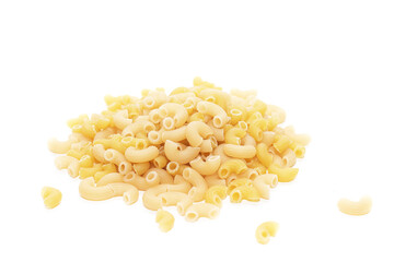 Macaroni horns isolated on a white background. Durum macaroni. Copy space. Article about pasta.