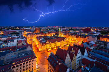 Beautiful architecture of the Old Town Market Square in Wrocław with thunderstorms. Poland