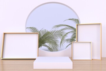 Minimal abstract background with flowers. Empty podium,white color, modern stage, showcase.minimalist mockup for podium display or showcase, 3d rendering.
