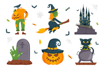 Set of Halloween objects and creatures. Witch, evil castle, pumpkin, zombie, black cat, bat. Isolated on white background. Vector illustration.