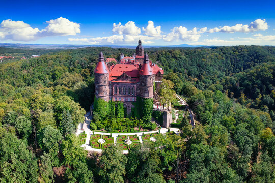 Wałbrzych, Poland - September 8, 2020: Aerial landscape with the Ksiaz Castle in Lower Silesia, Poland.
