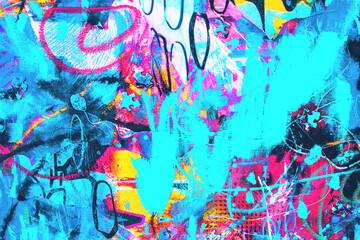 Original Hand drawn modern Multi Colored mixed media art canvas textured background . Abstract oil and acrylic painting creative collage of paper and puzzle pieces. Textured Contemporary Poster design