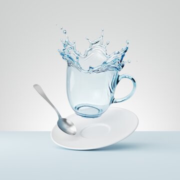 3d render, water splash in the shape of a cup with saucer and silver spoon, clear liquid splashing clip art isolated on white background