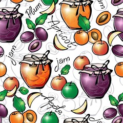 Seamless pattern with fruit jam jars. Apples, apricots, plums. Vector graphics.
