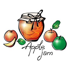 Image of a jar with jam, apples and the inscription Apple jam. Vector graphics.