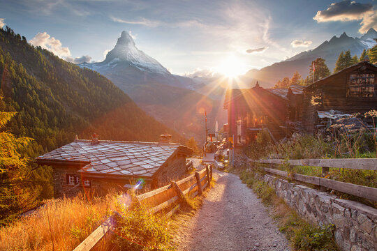 Swiss Alps. Landscape image of Swiss Alps with the Matterhorn during beautiful autumn sunset.	
