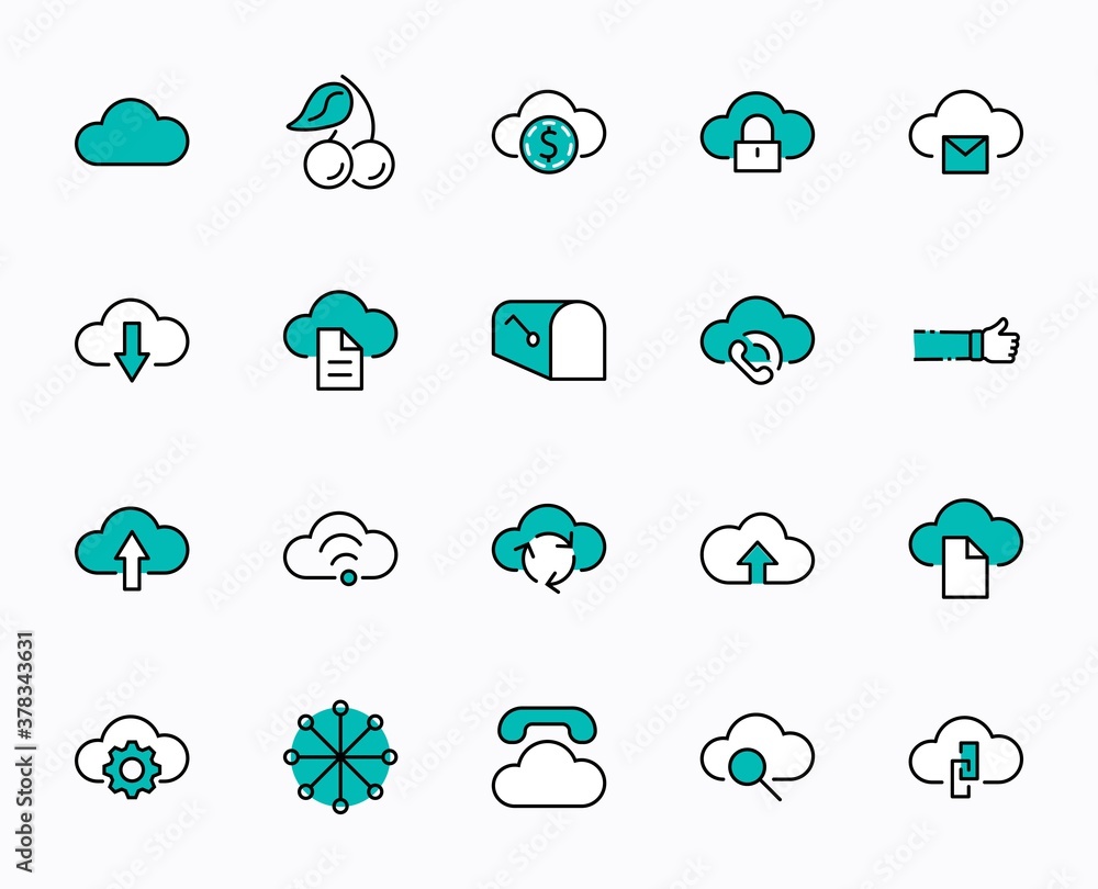 Poster set of cloud vector line icon. it contains symbols to upload, download, link and more. editable stro