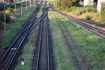 Summer railway tracks overgrown with green grass. Way out.