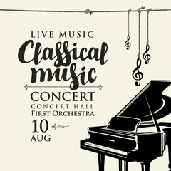Poster for a live classical music concert. Vector flyer, invitation, ticket or advertising banner with a grand piano in retro style © paseven