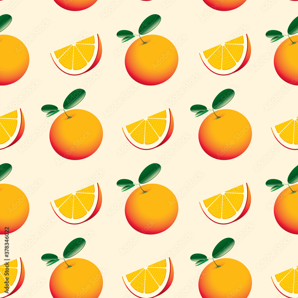 Poster seamless pattern with whole and sliced oranges and green leaves. cartoon vector background with styl