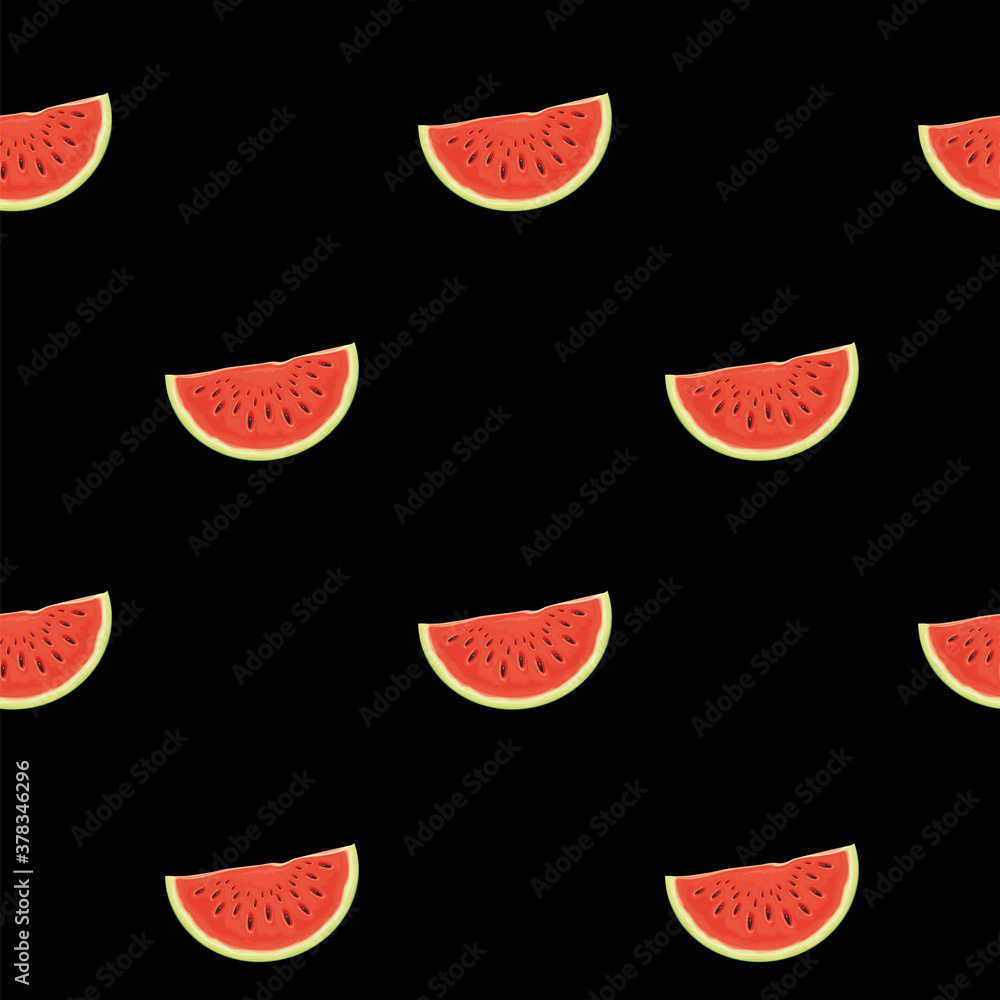 Poster seamless pattern with sweet watermelon slices on the black backdrop. summer vector background with t
