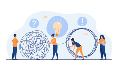 Team of crisis managers solving businessman problems. Employees with lightbulb unraveling tangle. Vector illustration for teamwork, solution, management concept