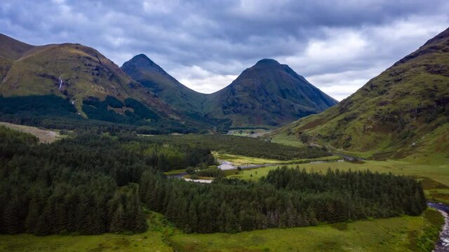 aerial view of glen etive and its waterfalls in the argyll region of the highlands of scotland near glen coe and rannoch moor in autumn