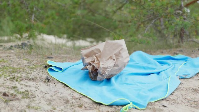 Fastfood On The Go Outdoors Concept. Lunch In Nature. Brown Paper Bag.