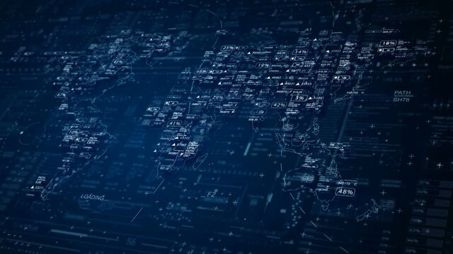 Word map HUD.User Interface HUD.Global connections.HUD technological futuristic intro.SciFi data pannel.Digital infographic elements.2D Graphic.CG.Broadcast intro.Blue.