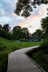 Wood countryside path with trees and sunset in background.