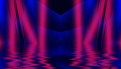 Abstract dark futuristic background. Neon rays of light are reflected from the water. Background of empty stage show, beach party. 3d illustration