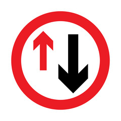 Give way to oncoming vehicles road sign. Priority must be given to vehicles from the opposite direction. Vector illustration of circular regulatory traffic sign with two arrows inside. - obrazy, fototapety, plakaty