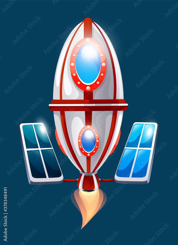 Poster colorful spaceship or satellite in space. concept of space icon for computer game. space elements. g