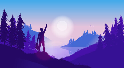 Fototapeta premium Personal success story - Silhouette of positive male person in wild landscape, raising hand in triumph. Nature therapy, live in the moment, and overcome adversity concept. Vector illustration.