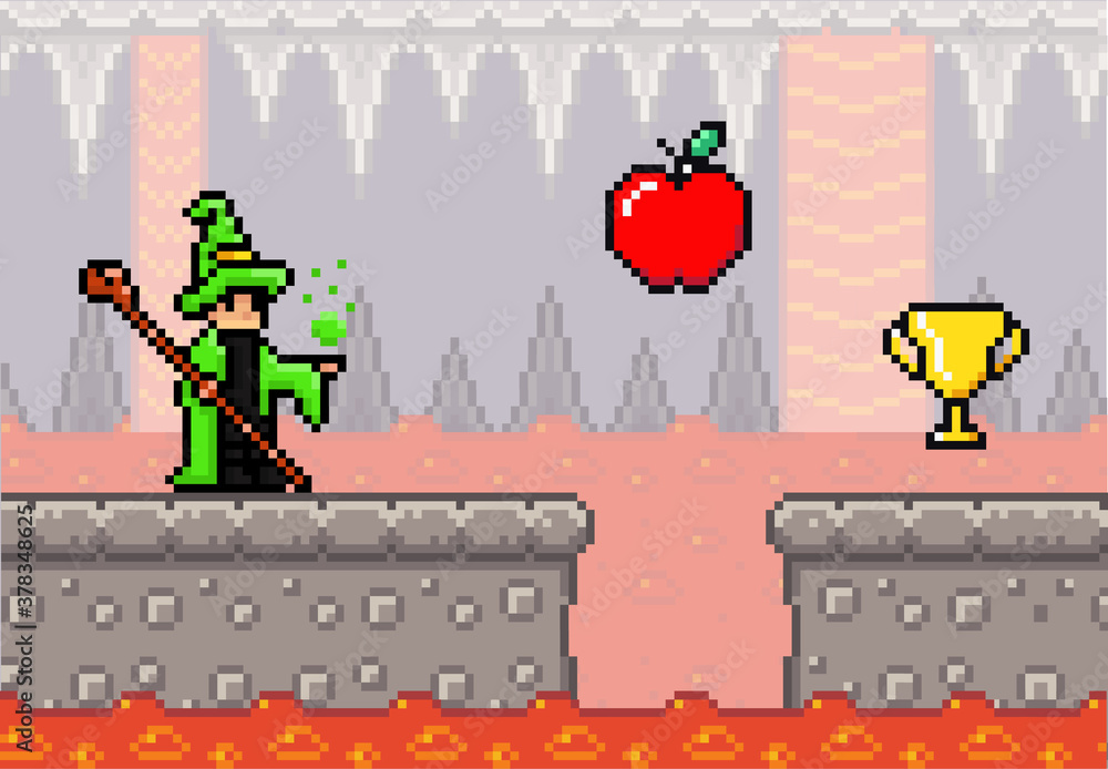 Aufkleber pixel art game background with wizard and lava river. pixwlated game scene with concrete plarforms, 