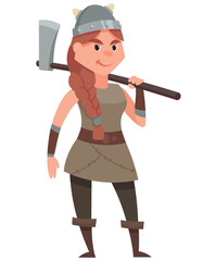Female viking holding ax. Smiling character in cartoon style.