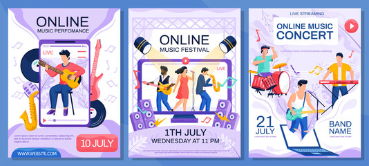 Concert posters set. Online concert of famous musicians and singers event poster. Music performance festival advertising banner. Artists on phone screen guitarist singer and musical instruments scenes