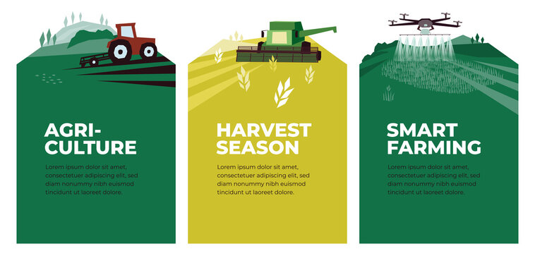 Set of vectors with agriculture, harvest, smart farming. Illustrations of plowing tractor in field, combine harvester, drone in farm land. Landscape scenes. Agricultural banners. Design poster, flyer