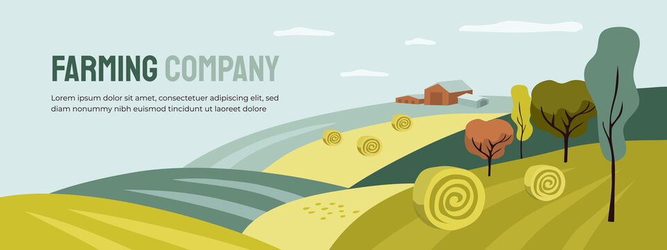 Design for farming with agricultural field and building. Farm landscape, hay rolls, panoramic scenery of countryside. Horizontal illustration of harvest, autumn nature. Vector banner, flyer, layout