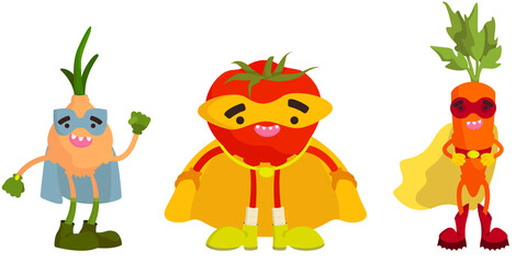 Set of superhero vegetables. Onion, tomato and carrot in cartoon style.