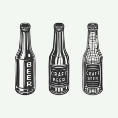 Fototapeta na wymiar Vintage retro beer bottles or drink bottles. Can be used like emblem, logo, badge, label or mark. Also can be used like poster or print. Monochrome Graphic Art. Vector Illustration..