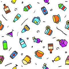 Abstract Doodle Seamless Pattern Hand Drawn Drink Beverages Elements Cocktails Alcohol Sketch Vector Design Style Background Illustration For Restaurant Cafe Icons