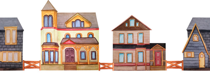 Watercolor seamless border with wooden houses isolated on white background. Border with houses in different styles.


