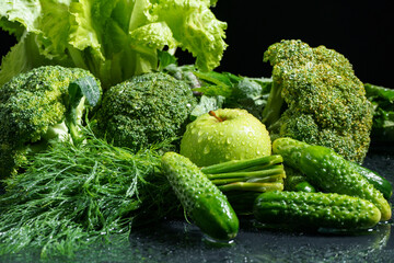 Photo of wet green vegetable set with water drops
