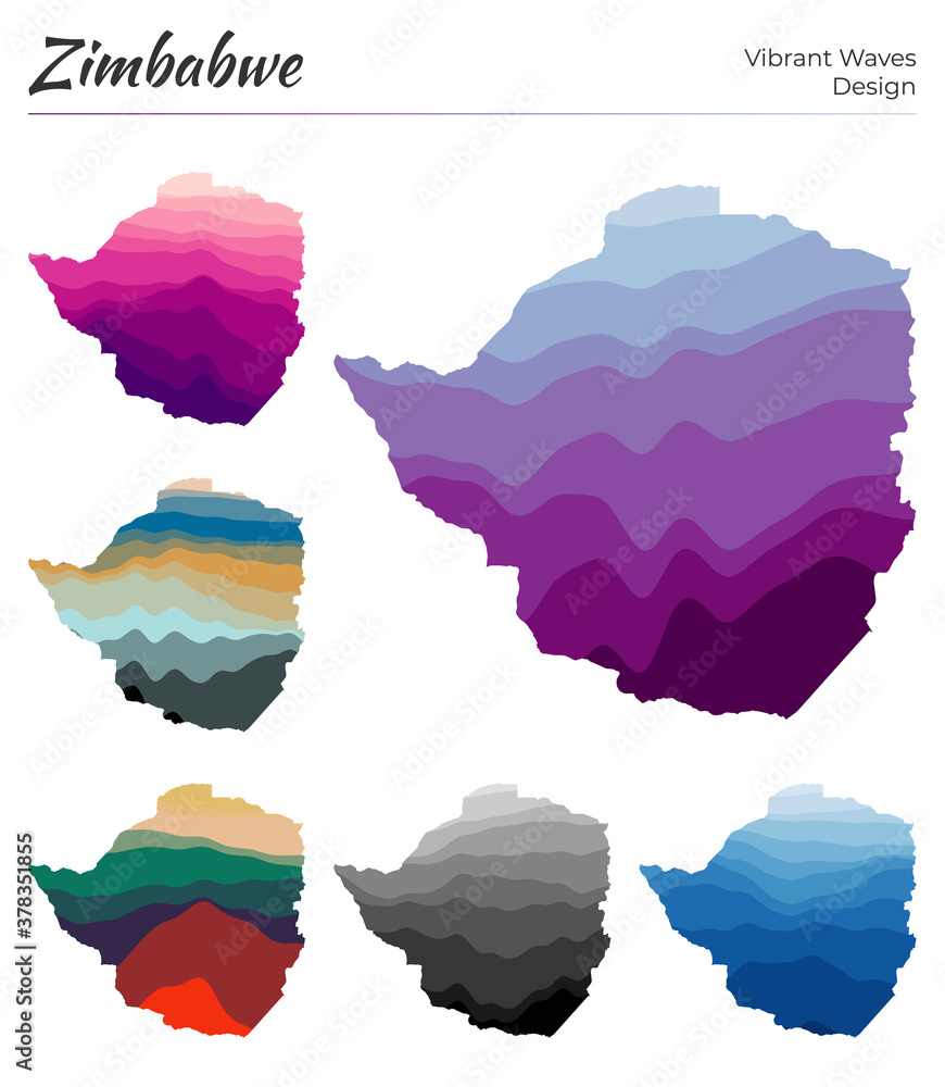 Poster set of vector maps of zimbabwe. vibrant waves design. bright map of the country in geometric smooth 
