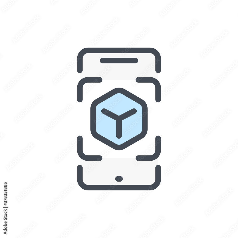 Poster augmented reality color line icon. mobile phone with cube scanning vector outline colorful sign.