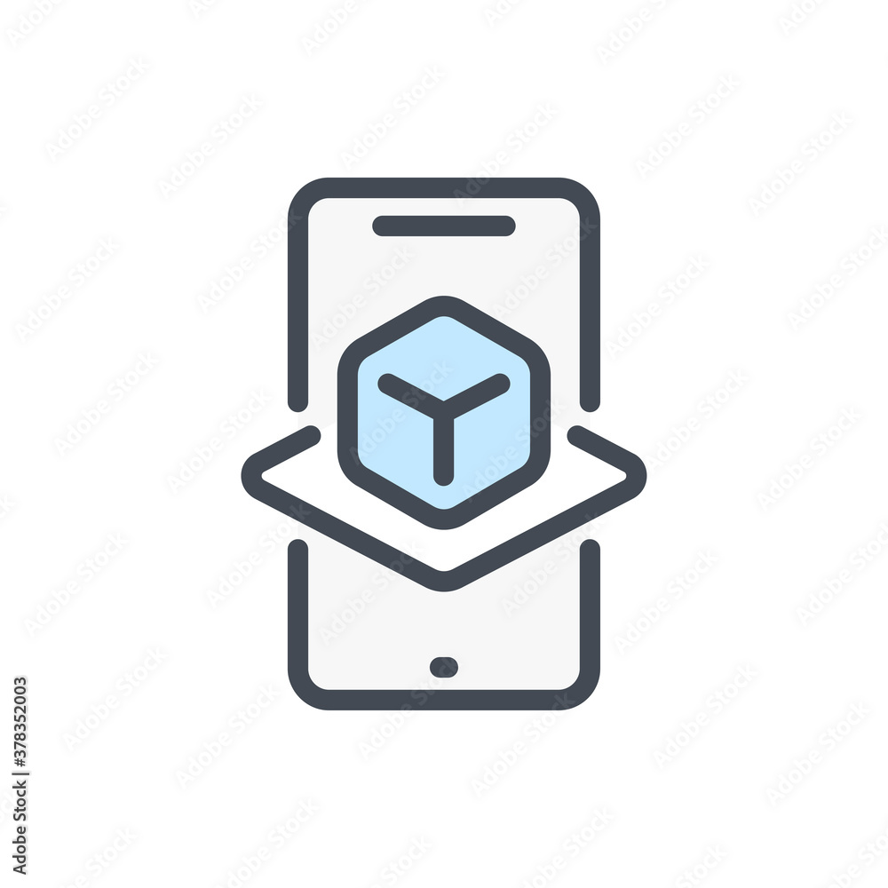Poster augmented reality color line icon. mobile phone with cube projection vector outline colorful sign.