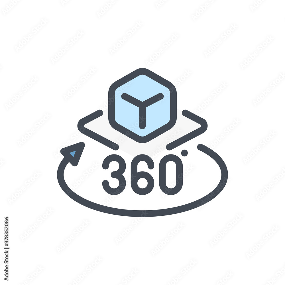 Poster augmented reality color line icon. cube with rotating arrow and 360 vector outline colorful sign.