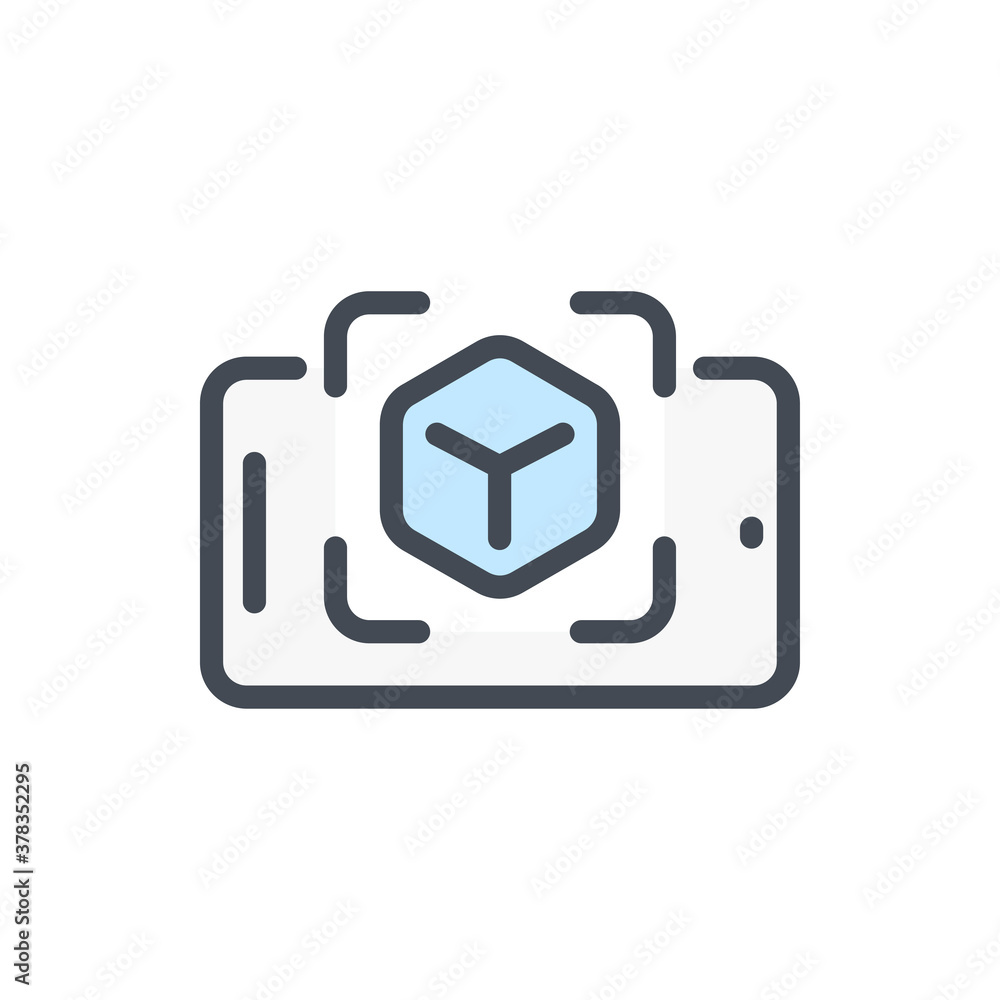 Poster augmented reality color line icon. mobile phone with scan cube vector outline colorful sign.
