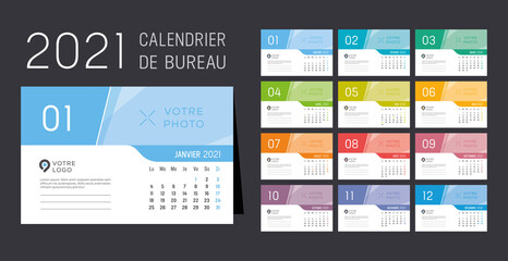 Year 2021 monthly desk calendar, in French language. Week starts Monday. Vector template.