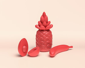 3d Icon, pineapple, banana and avacado, monochrome red fruit, flat color, 3d Rendering, healthy food