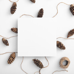 Zero waste christmas garland made from pine cone and natural jute twine. Square composition, top...