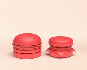Miniature fastfood meals, hamburger and cheesburger, monochrome flat red color in white background, 3d Icon, 3d rendering