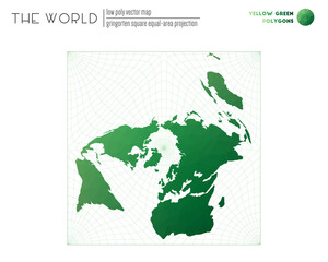 Polygonal map of the world. Gringorten square equal-area projection of the world. Yellow Green colored polygons. Beautiful vector illustration.