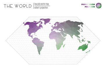 Fototapeta na wymiar Polygonal map of the world. Eckert I projection of the world. Purple Green colored polygons. Elegant vector illustration.