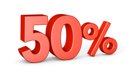 Red 50 percent isolated on white background. Discount fifty percent. 3d render